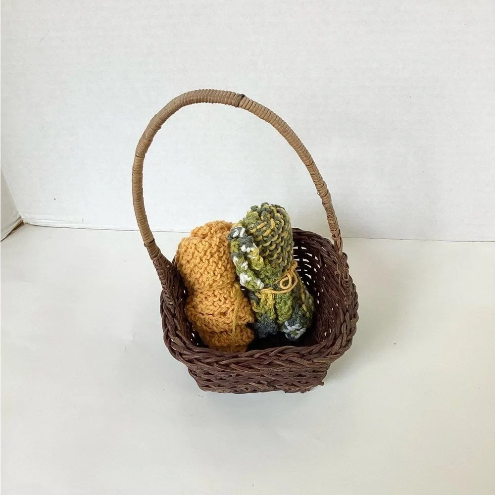 Dishcloth Washcloth Hand Crafted Gold Green Knit Cotton Rustic